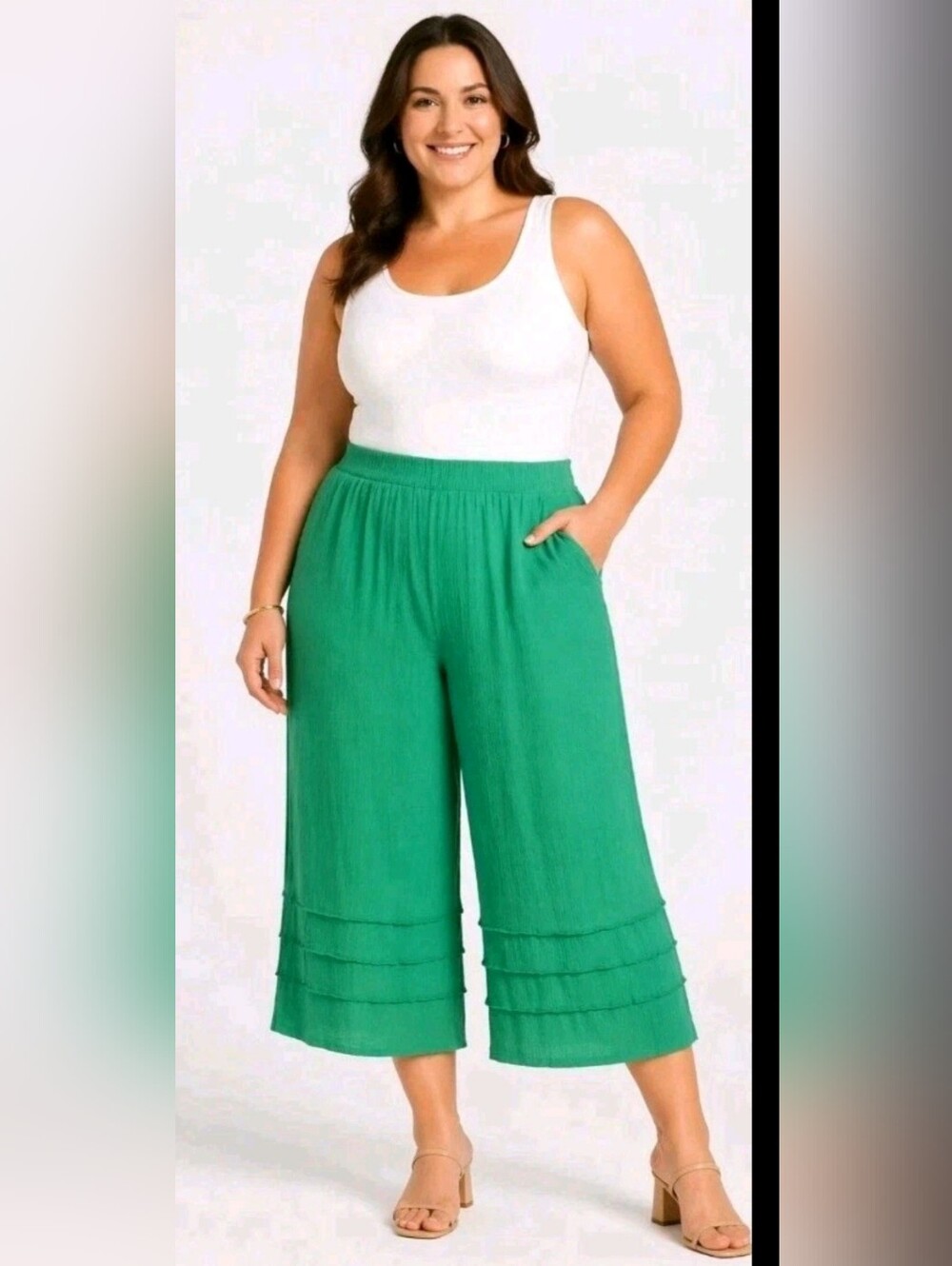 Nina Leonard Plus Size1X Green Crinkle Gauze Wide Leg Crop Pants Pull-On NWT